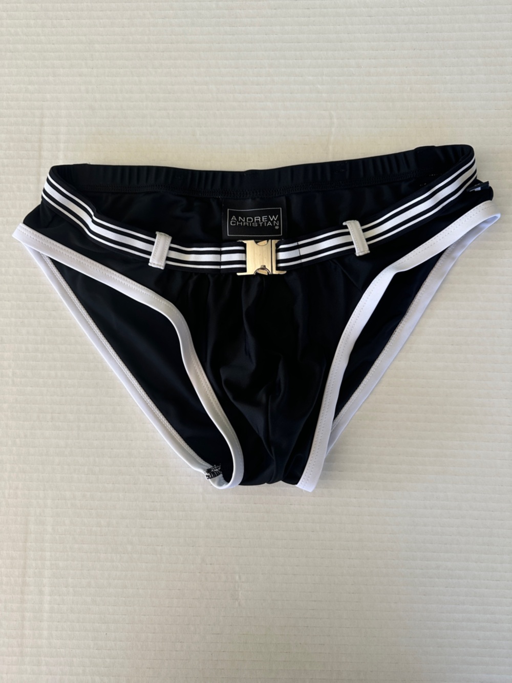 Andrew Christian Men’s Black Swim Briefs with Buckle  - Size Medium